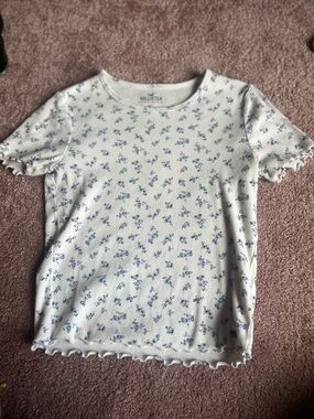 Hollister White Tee with Blue Micro Floral Ribbed Short Sleeve